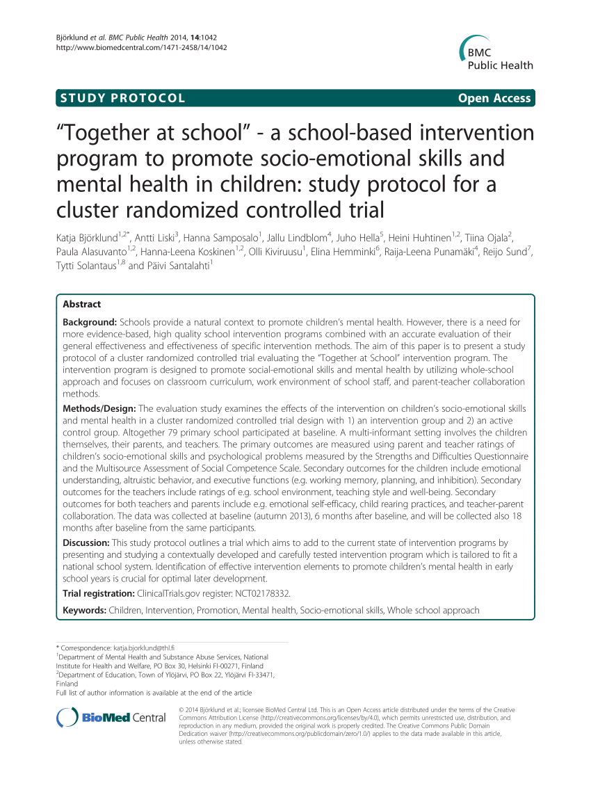 Pdf Together At School - A School-based Intervention Program To Promote Socio-emotional Skills And Mental Health In Children Study Protocol For A Cluster Randomized Trial