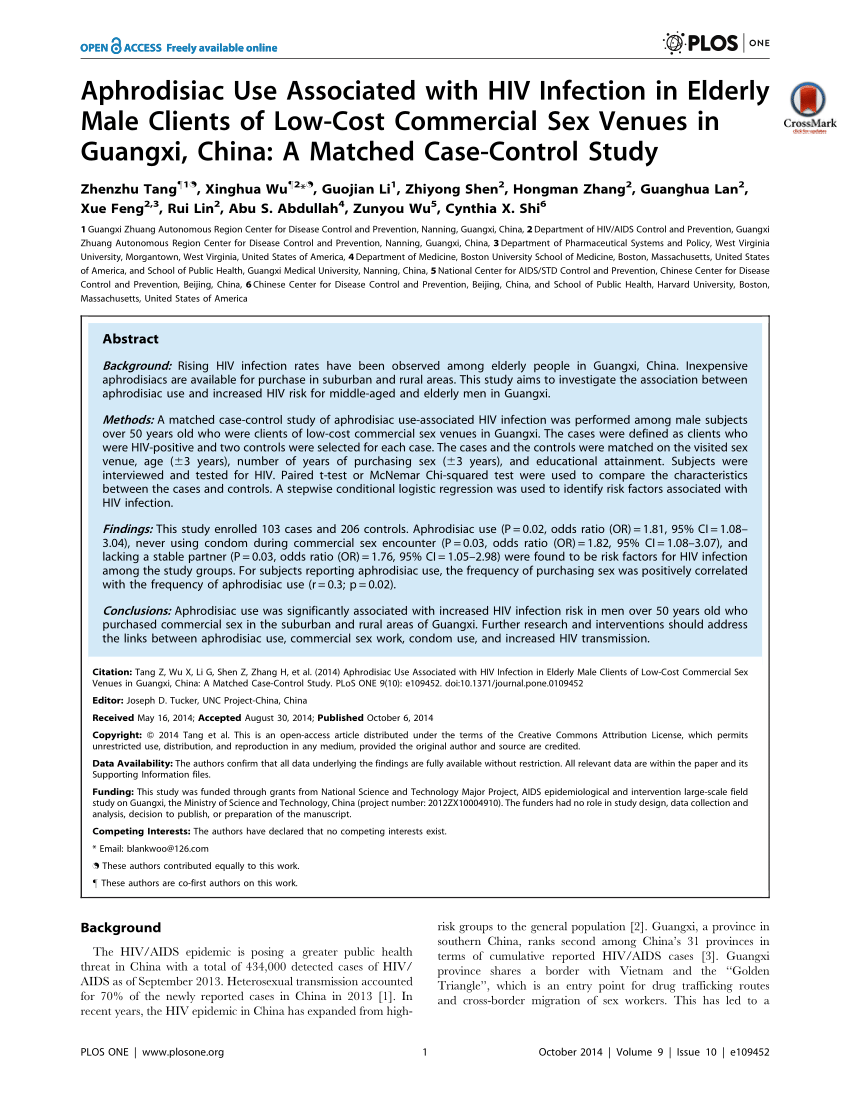 PDF) Aphrodisiac Use Associated with HIV Infection in Elderly Male Clients  of Low-Cost Commercial Sex Venues in Guangxi, China: A Matched Case-Control  Study