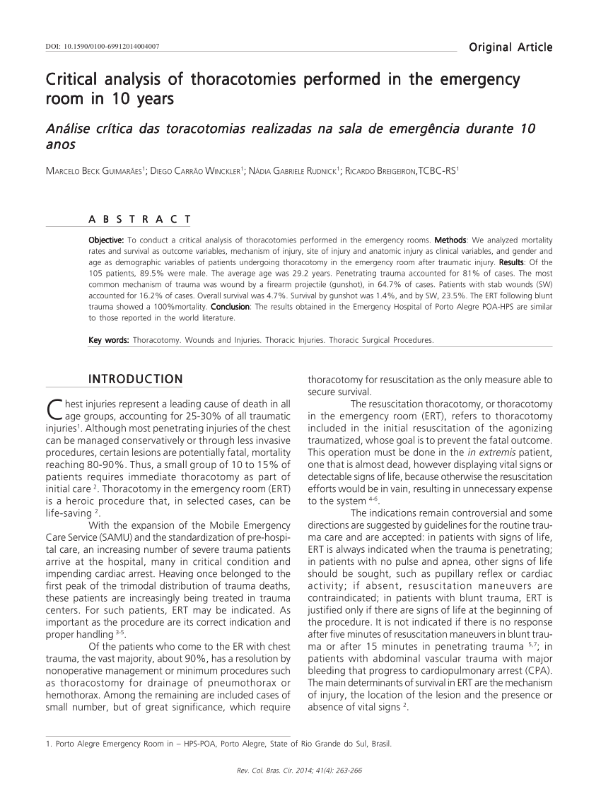 Pdf Critical Analysis Of Thoracotomies Performed In The