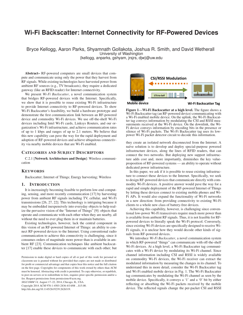 Pdf Wi Fi Backscatter Internet Connectivity For Rf Powered Devices