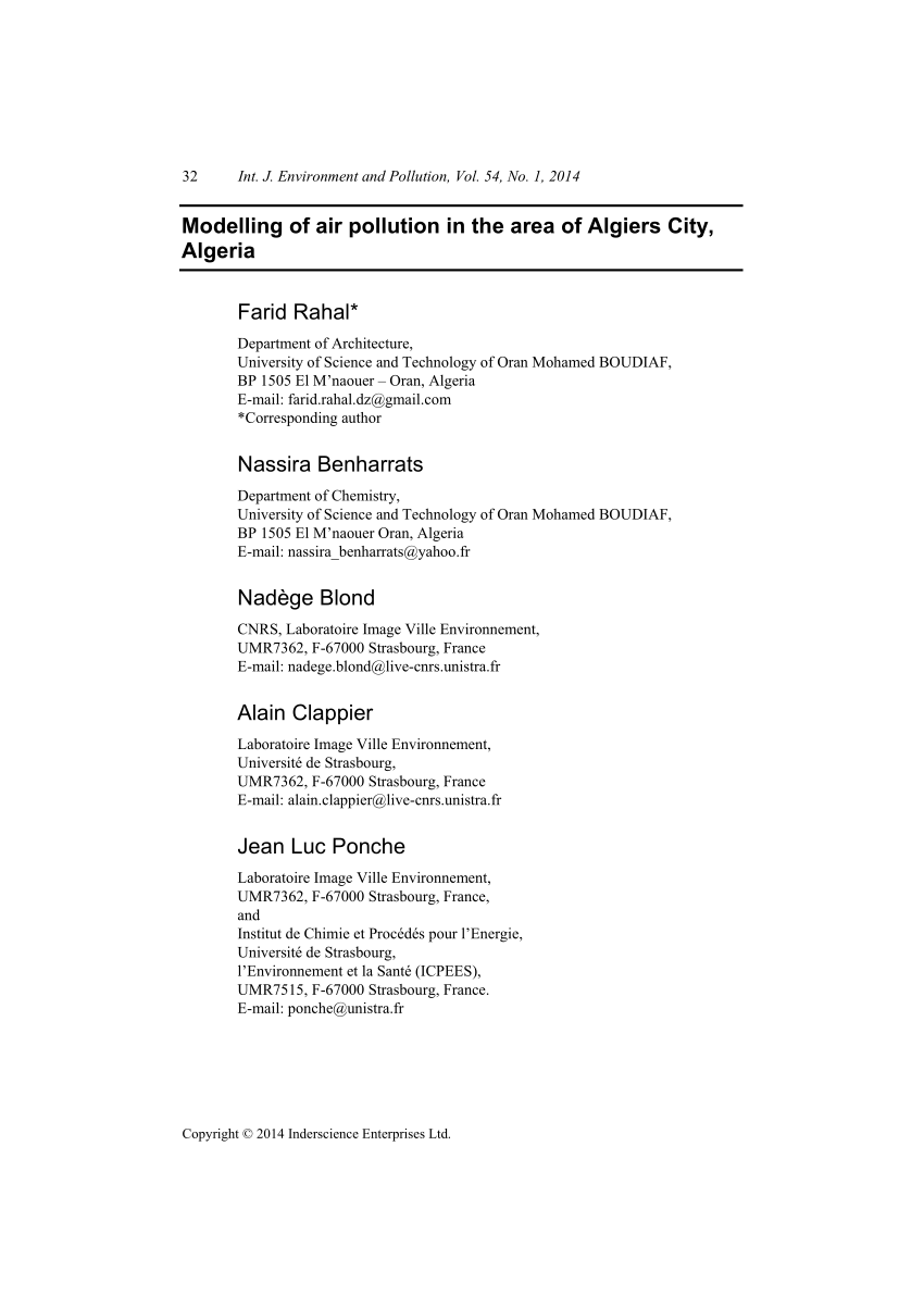 Pdf Modelling Of Air Pollution In The Area Of Algiers City Algeria
