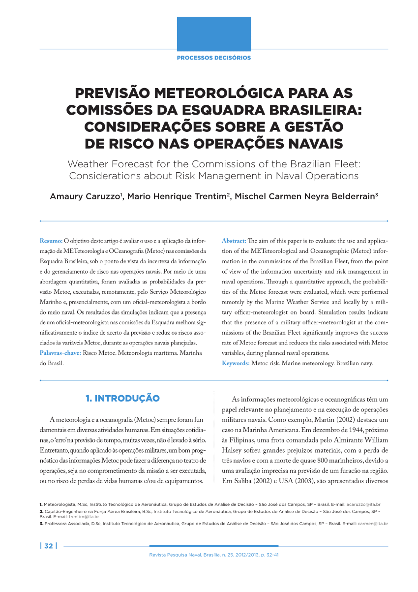 Pdf Weather Forecast For The Commissions Of The Brazilian Fleet Considerations About Risk Management In Naval Operations