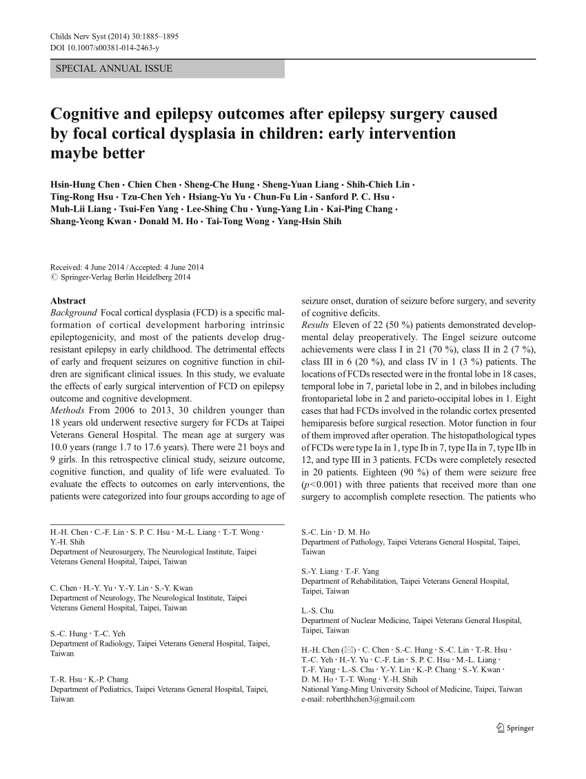 PDF) Cognitive and epilepsy outcomes after epilepsy surgery caused by focal  cortical dysplasia in children: early intervention maybe better