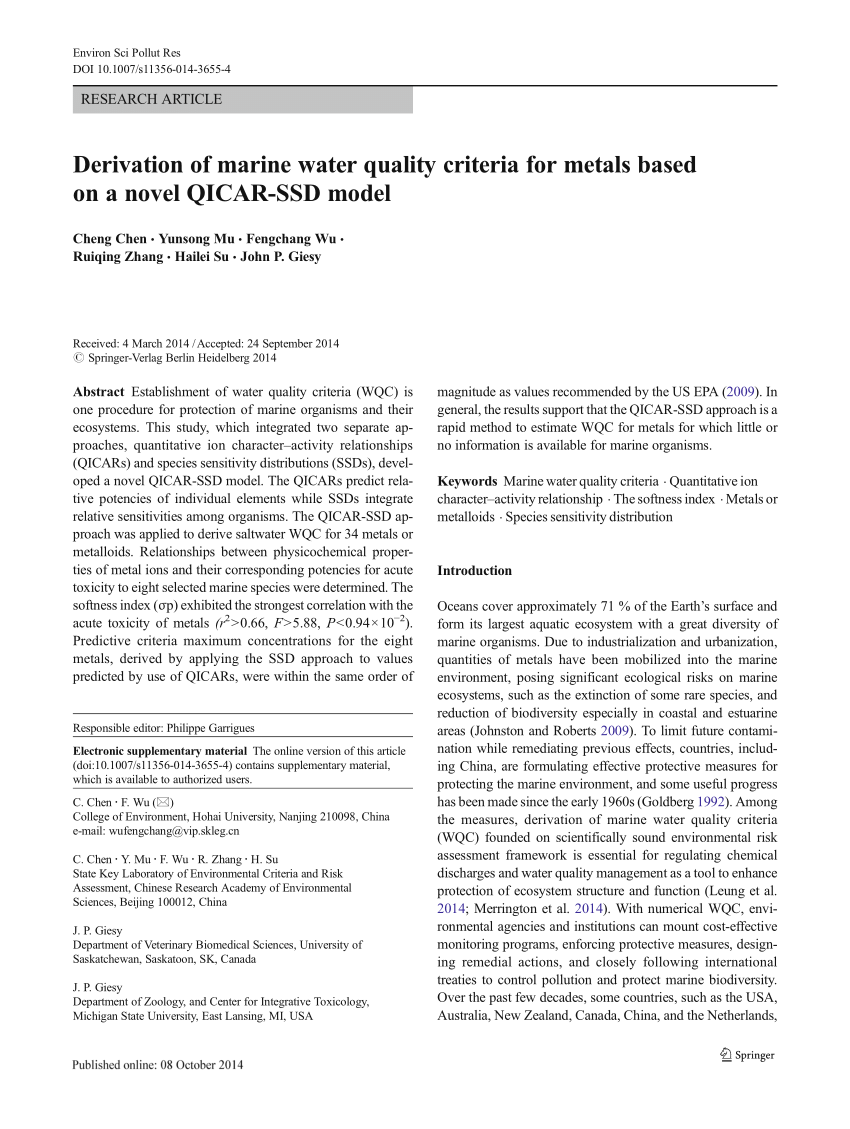 Pdf Derivation Of Marine Water Quality Criteria For Metals Based On A Novel Qicar Ssd Model