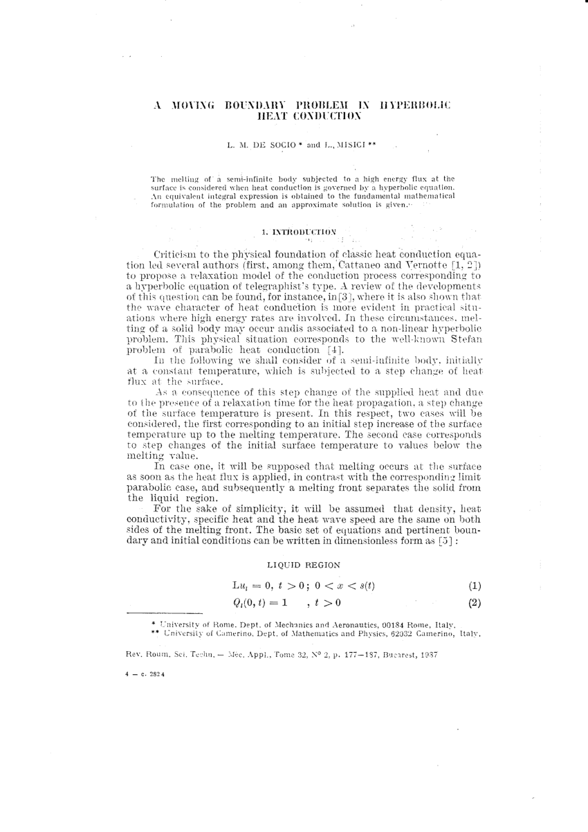 Pdf A Moving Boundary Problem In Hyperbolic Heat Conduction