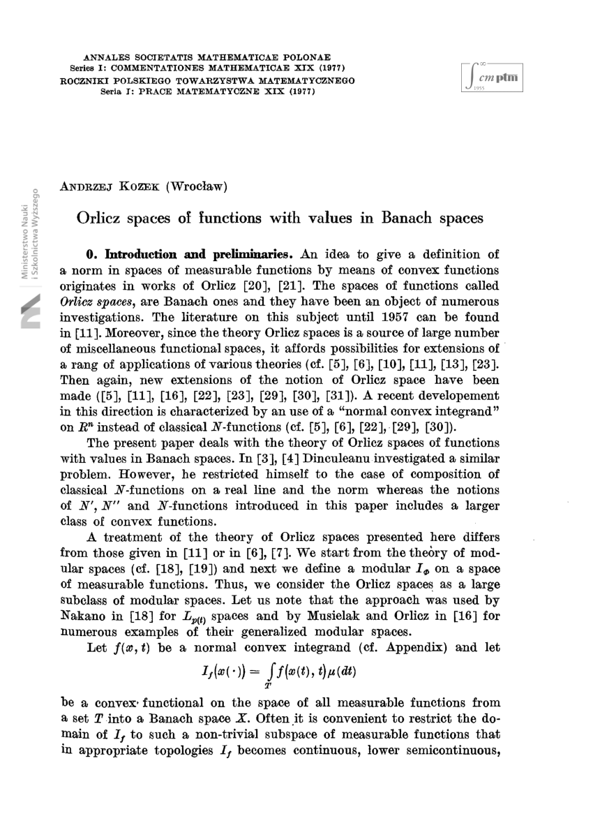 Pdf Orlicz Spaces Of Functions With Values In Banach Spaces