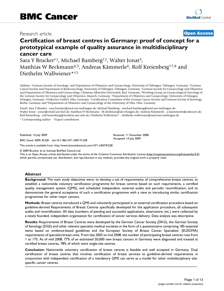 Pdf Certification Of Breast Centres In Germany Proof Of Concept For A Prototypical Example Of Quality Assurance In Multidisciplinary Cancer Care