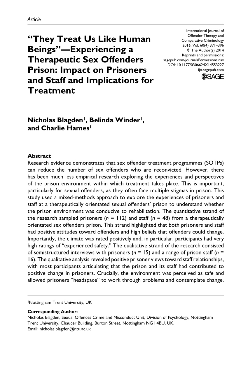 PDF) “They Treat Us Like Human Beings”—Experiencing a Therapeutic Sex  Offenders Prison