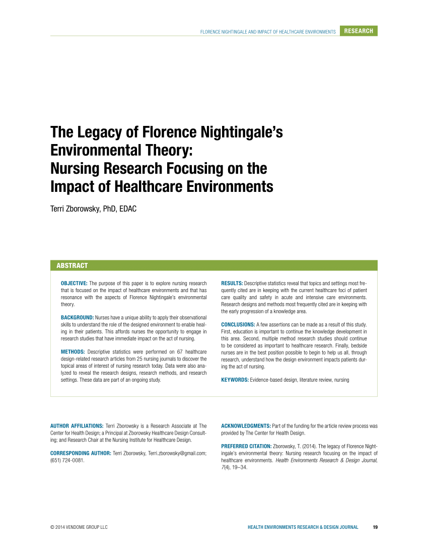 Pdf The Legacy Of Florence Nightingales Environmental Theory Nursing Research Focusing On The Impact Of Healthcare Environments