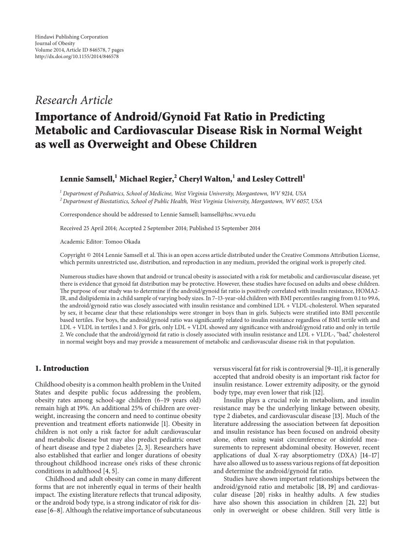 Pdf Importance Of Android Gynoid Fat Ratio In Predicting Metabolic And Cardiovascular Disease Risk In Normal Weight As Well As Overweight And Obese Children