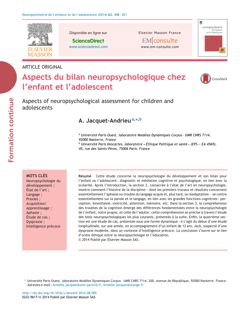 (PDF) Aspects du bilan neuropsychologique chez l’enfant et l’adolescent