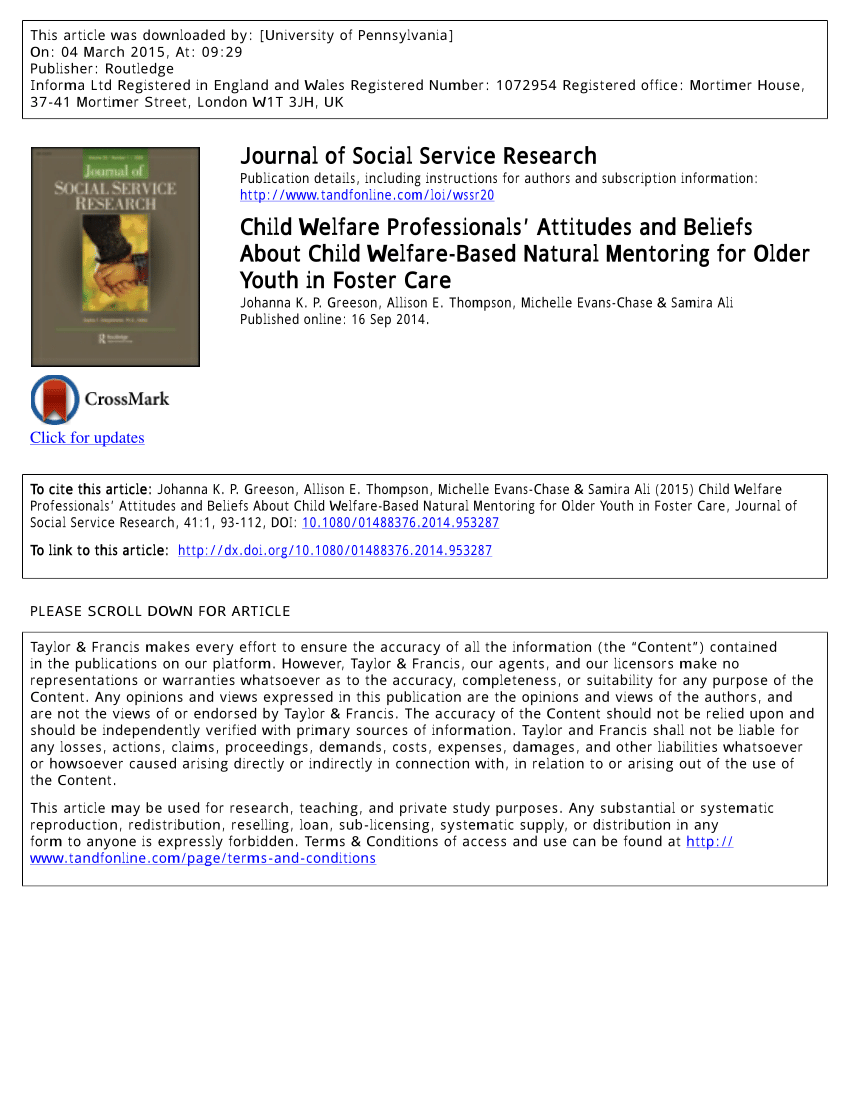 Welfare Professionals' Attitudes and Beliefs About Child Welfare-Based Natural Mentoring Older Youth Foster Care