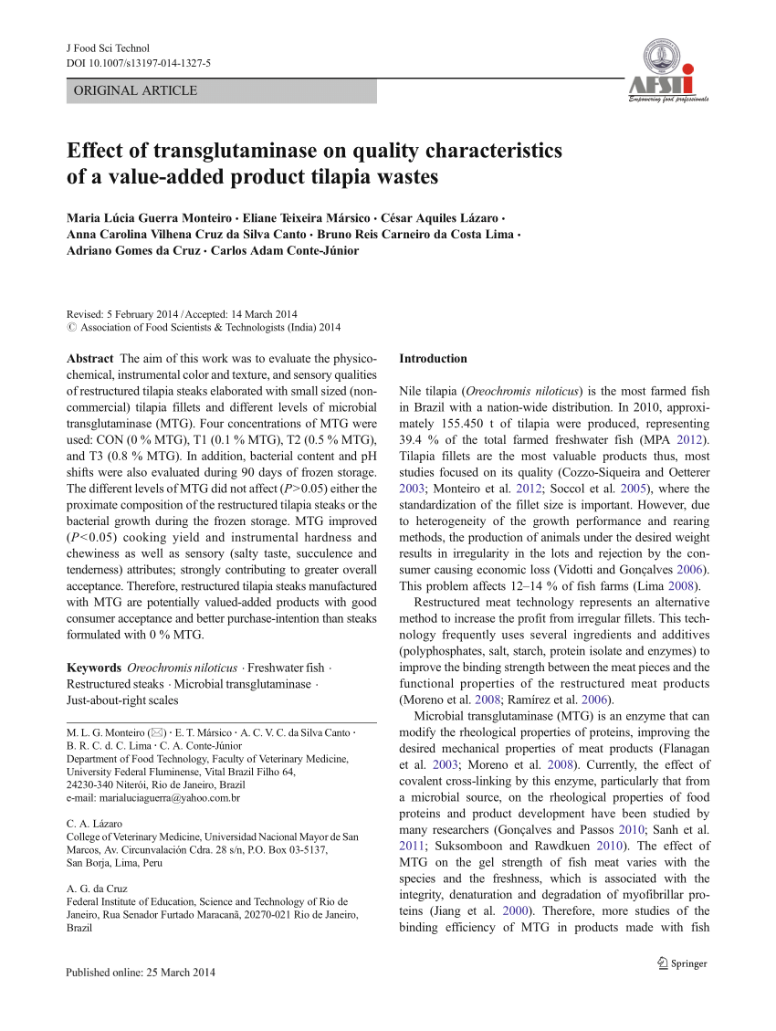Pdf Effect Of Transglutaminase On Quality Characteristics Of A Value Added Product Tilapia Wastes