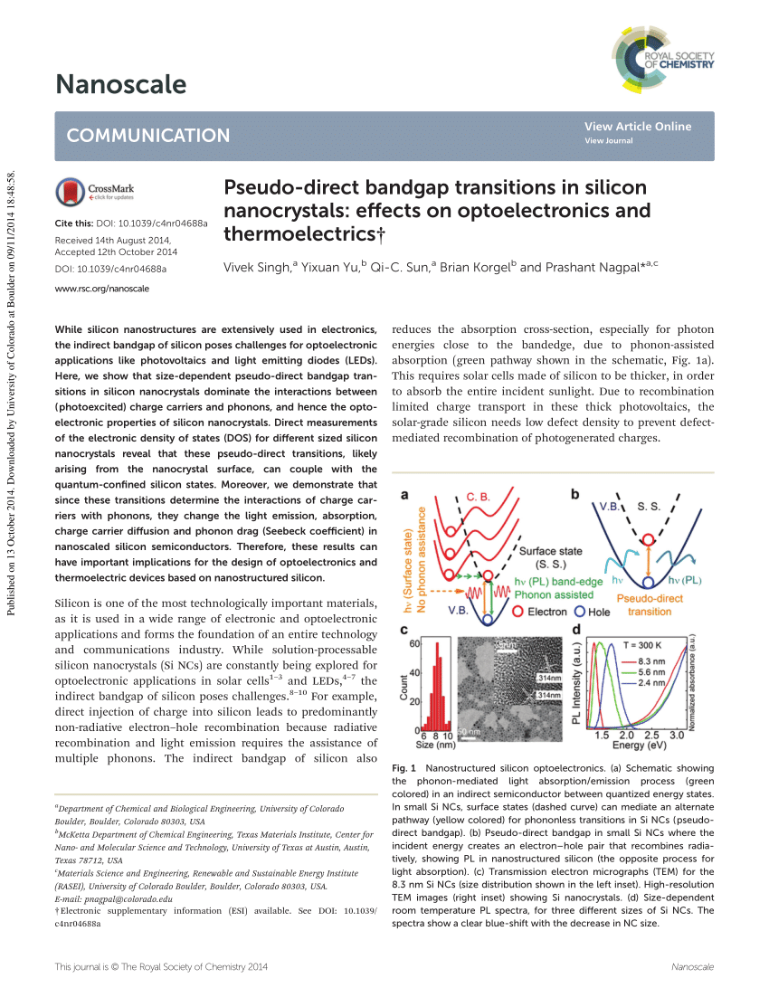(PDF) Pseudo-direct bandgap transitions in silicon nanocrystals ...