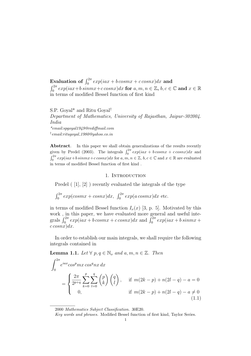 Pdf Evaluation Of 0 2p Exp Iax osmx Ccosnx Dx And 0 2p Exp Iax Bsinmx Ccosnx Dx For A M N ℤ And B C ℂ In Terms Of Modified Bessel Function Of The First Kind