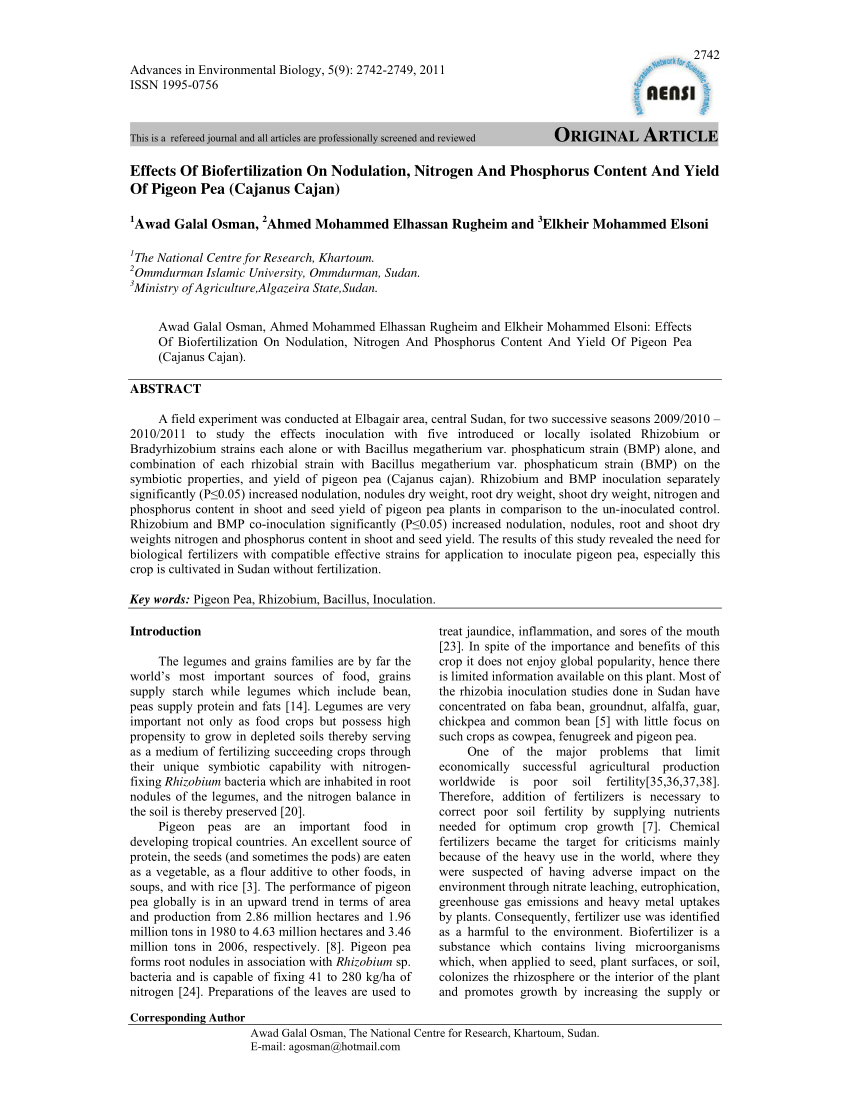 PDF) Effects of biofertilization on nodulation, nitrogen and phosphorus  content and yield of pigeon pea (Cajanus Cajan)
