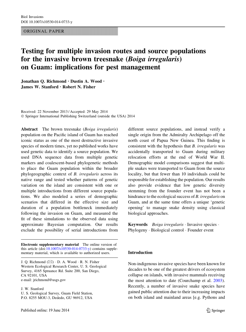 Pdf Testing For Multiple Invasion Routes And Source Populations For The Invasive Brown Treesnake Boiga Irregularis On Guam Implications For Pest Management