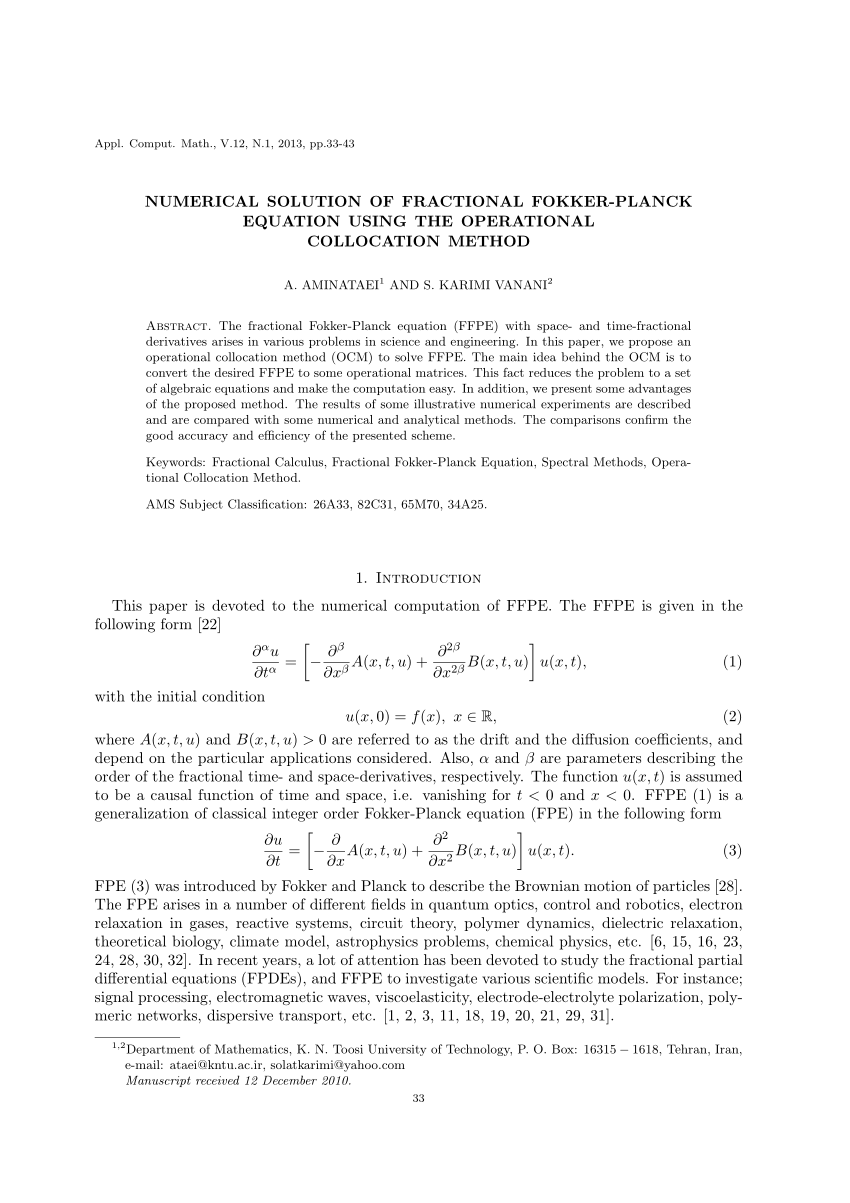 Pdf Numerical Solution Of Fractional Fokker Planck Equation Using The Operational Collocation Method
