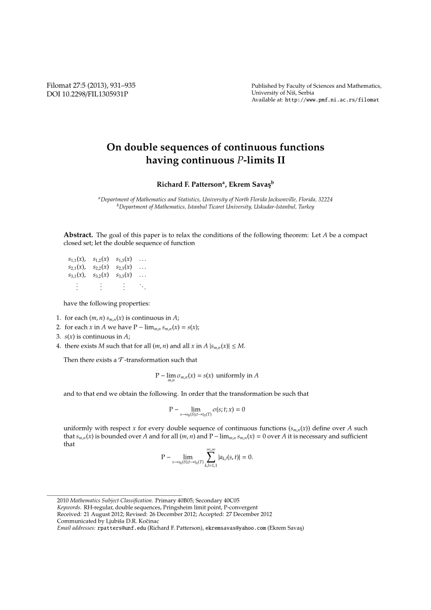 Pdf On Double Sequences Of Continuous Functions Having Continuous P Limits Ii