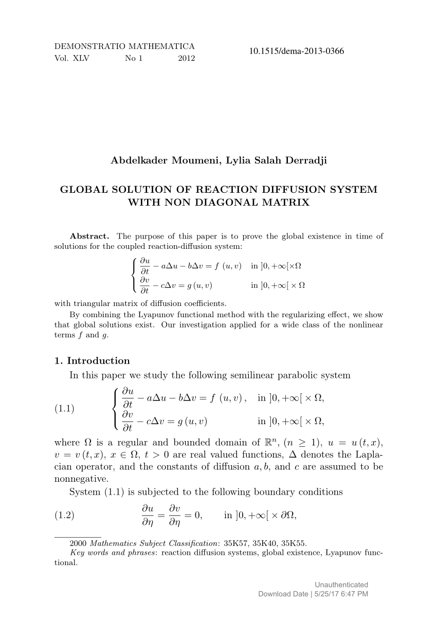 Pdf Global Solution Of Reaction Diffusion System With Non Diagonal Matrix