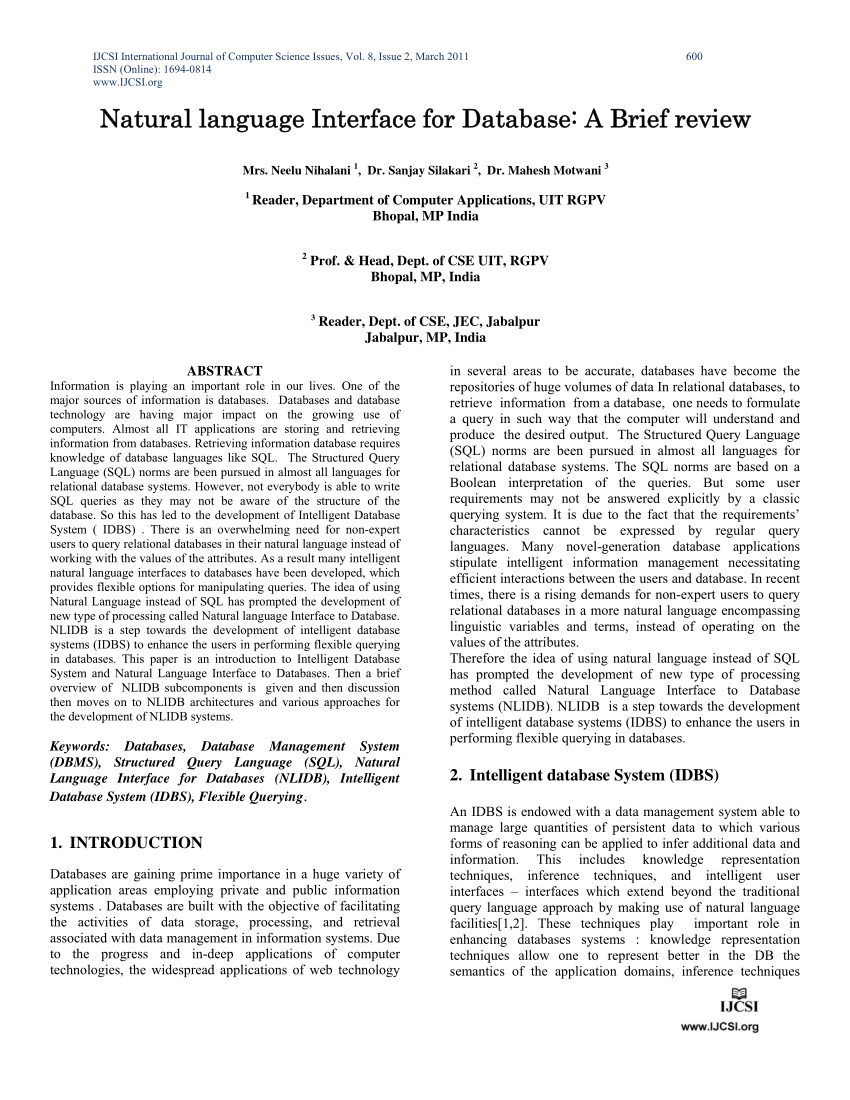 Pdf Natural Language Interface For Database A Brief Review