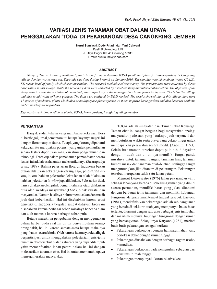 Pdf Variasi Jenis Tanaman Obat Dalam Upaya Penggalakan Toga Di Pekarangan Desa Cangkring Jember 0708