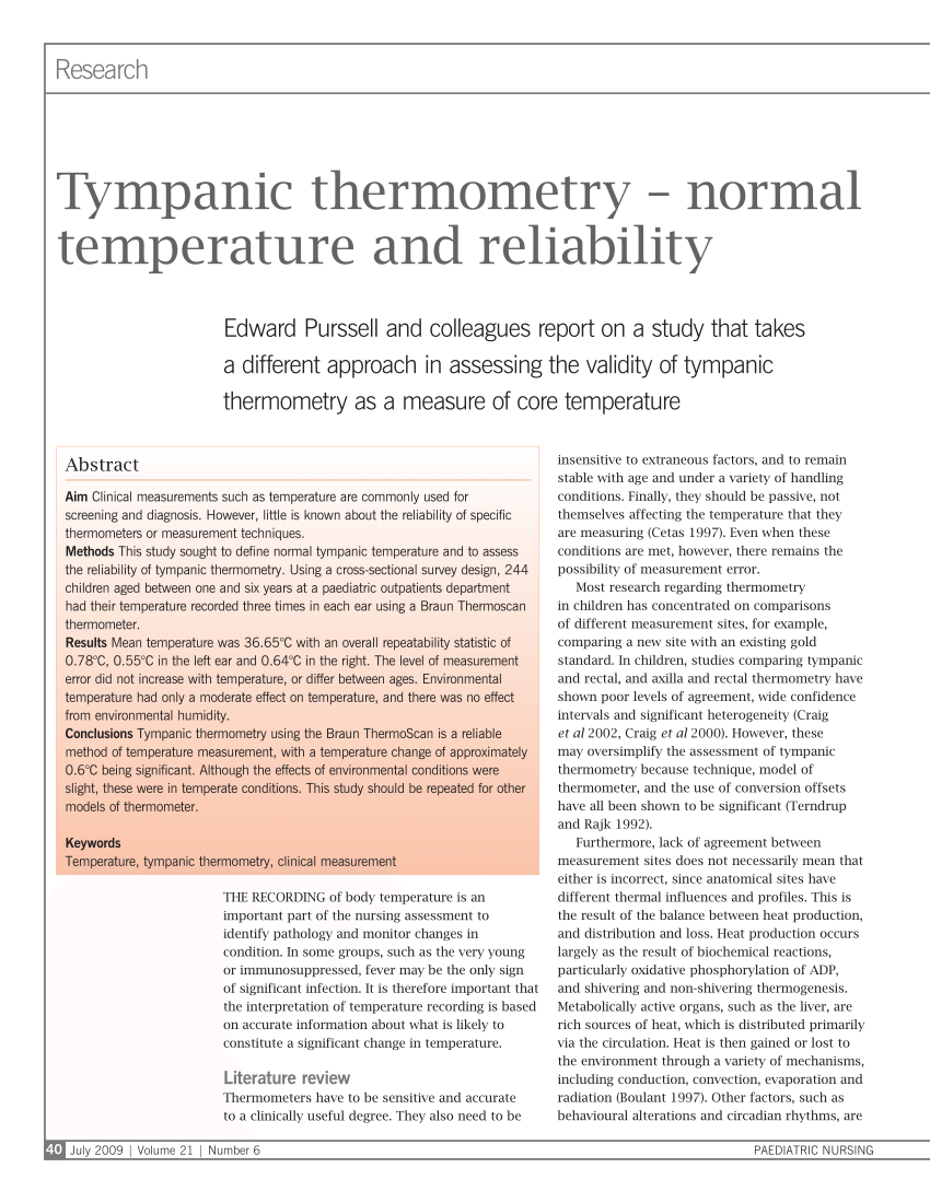 Pdf Tympanic Thermometry Normal Temperature And Reliability