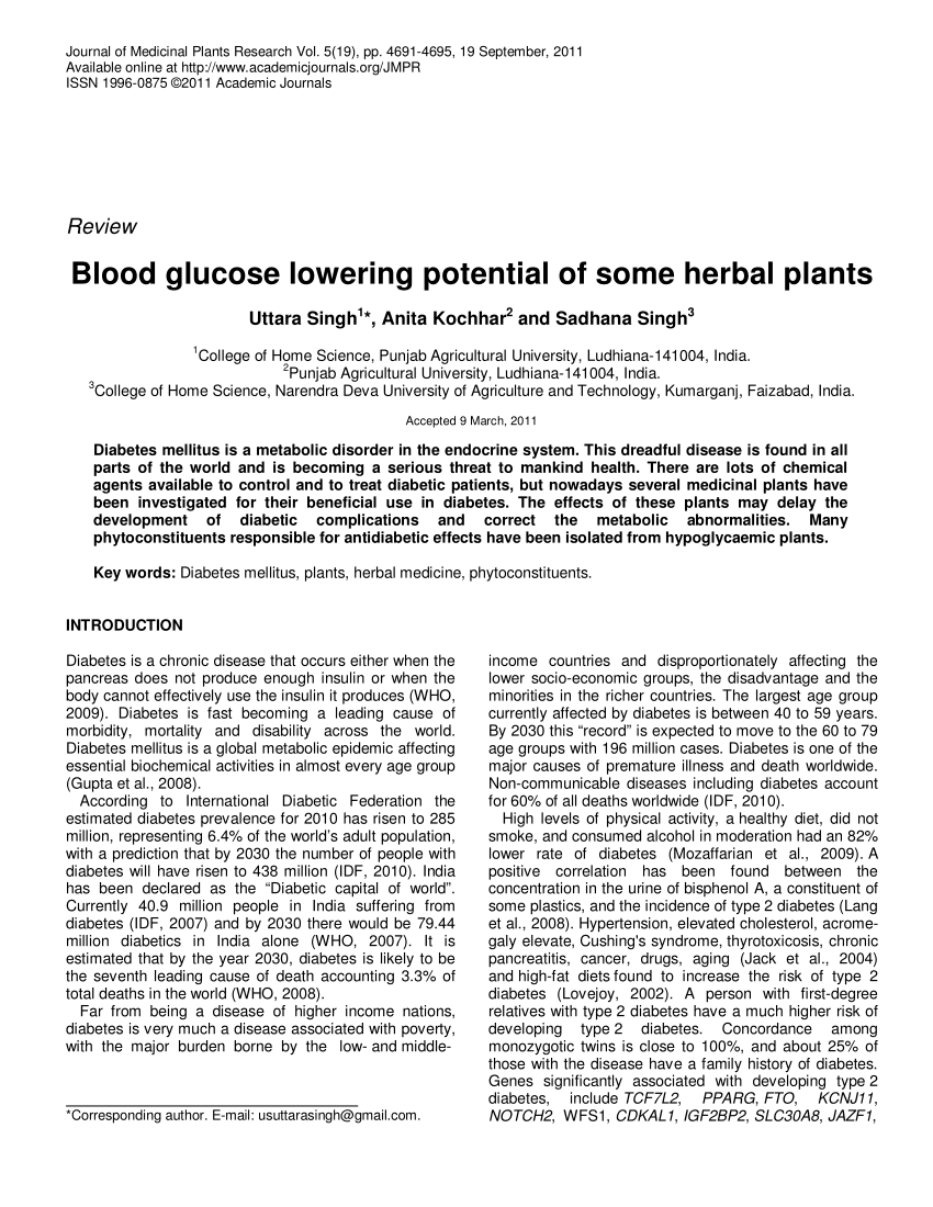 (PDF) Blood glucose lowering potential of some herbal plants