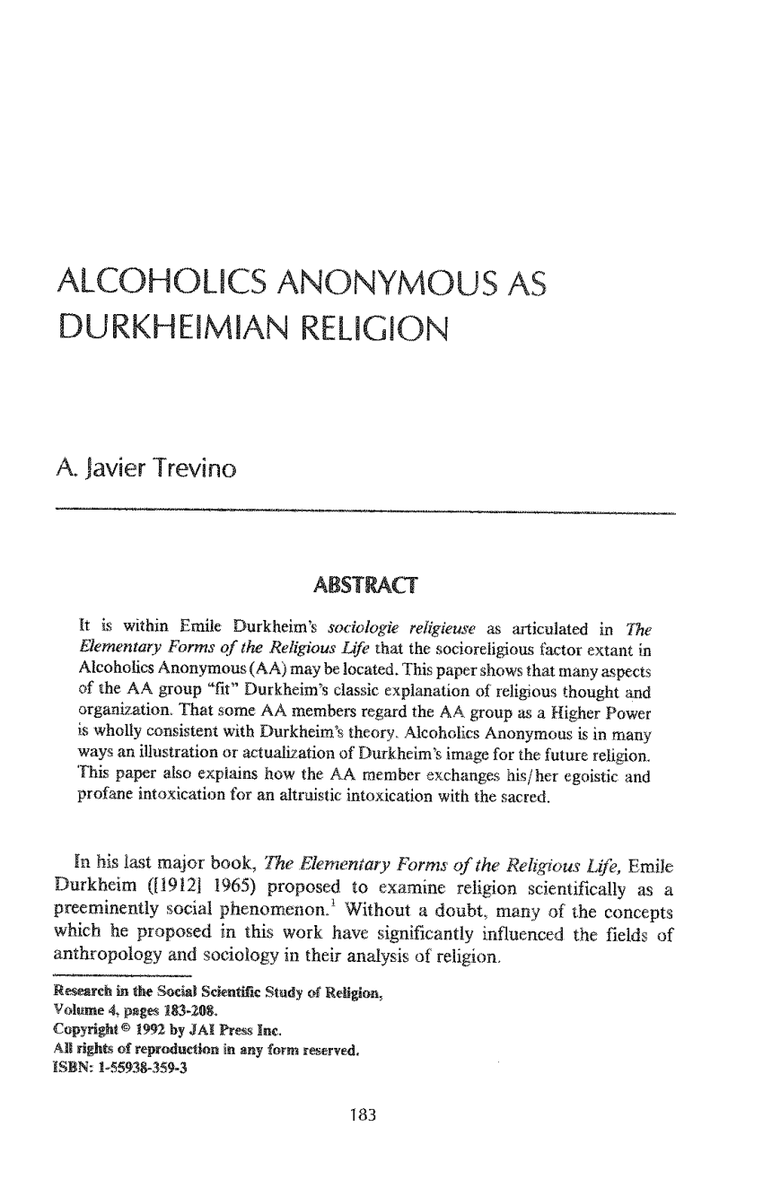 Pdf Alcoholics Anonymous As Durkhiemian Religion