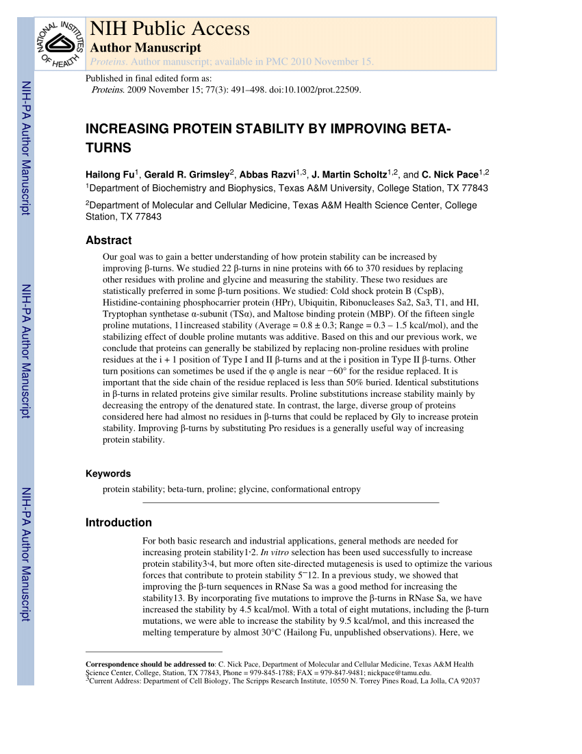 Pdf Increasing Protein Stability By Improving Beta Turns