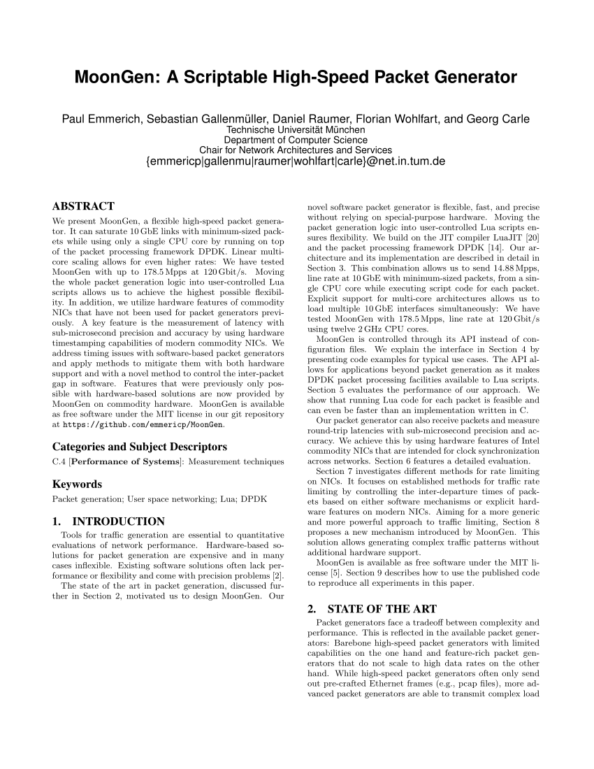 Pdf Moongen A Scriptable High Speed Packet Generator