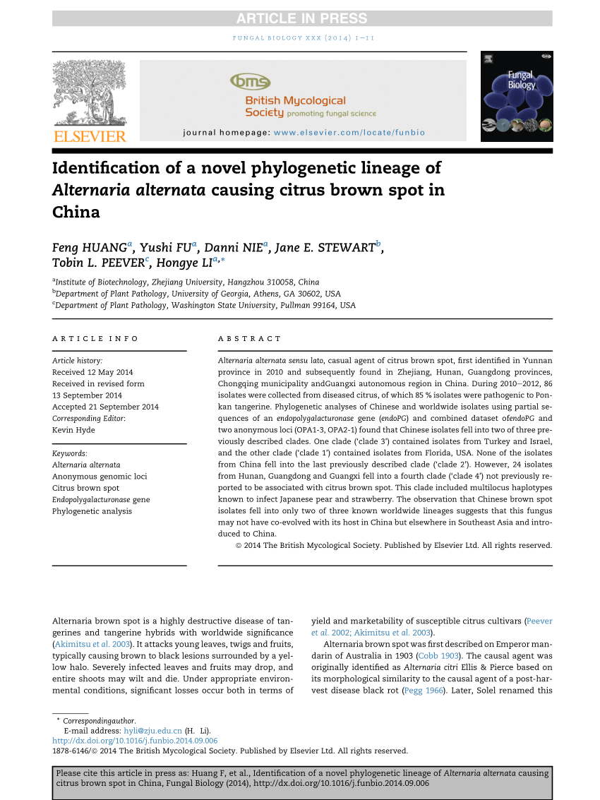 Pdf Identification Of A Novel Phylogenetic Lineage Of Alternaria Alternata Causing Citrus Brown Spot In China
