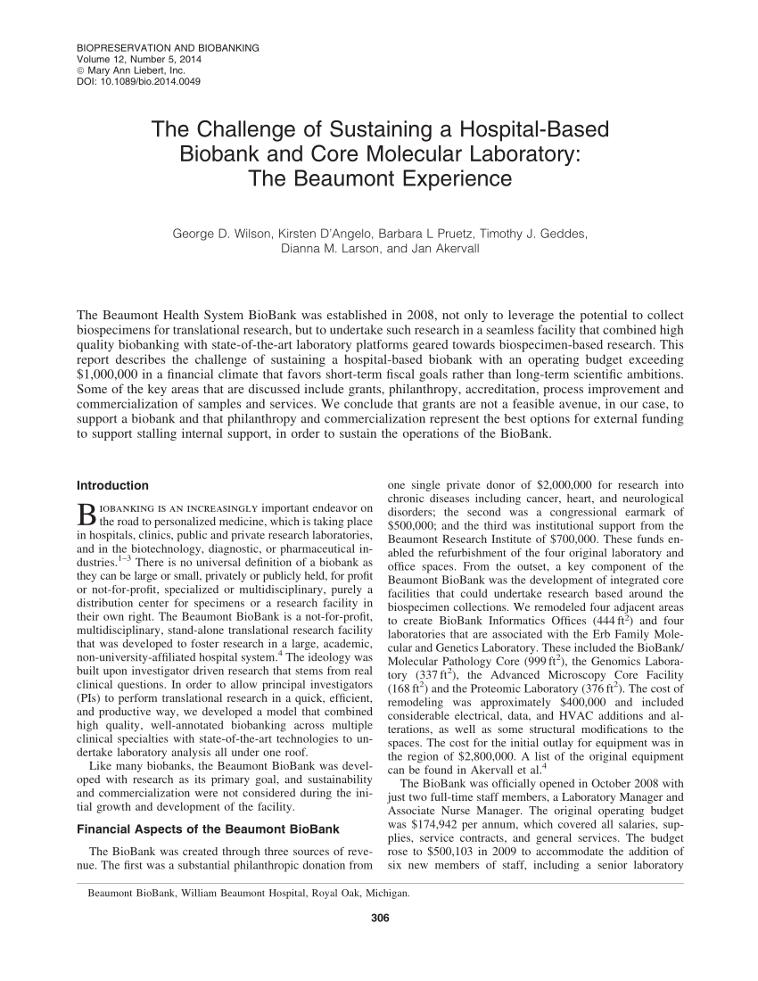 PDF The Challenge of Sustaining a Hospital Based Biobank and Core