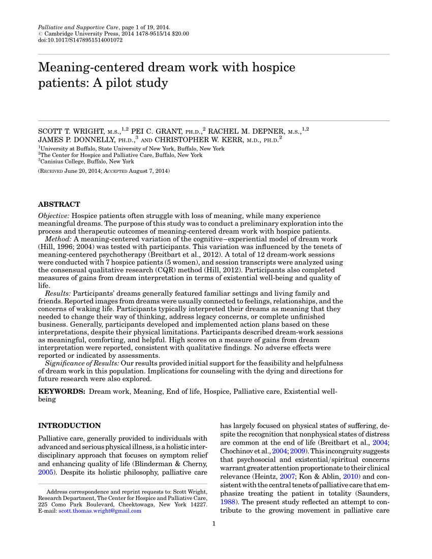 pdf) meaning-centered dream work with hospice patients: a pilot study