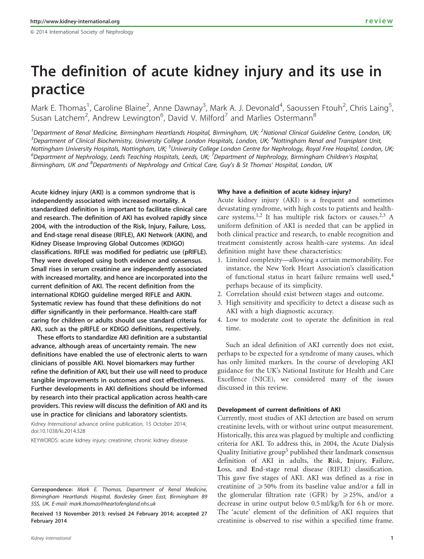 Pdf The Definition Of Acute Kidney Injury And Its Use In Practice