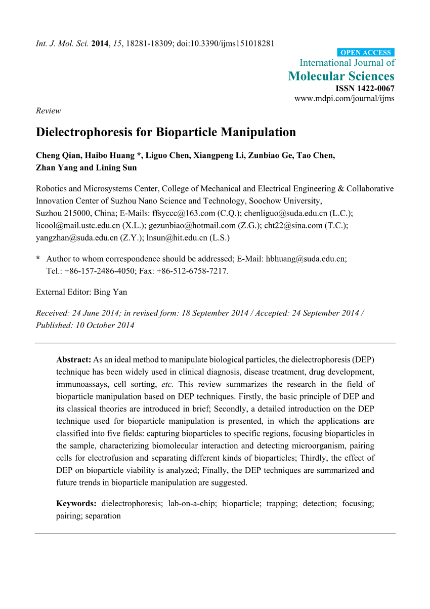 Pdf Dielectrophoresis For Bioparticle Manipulation