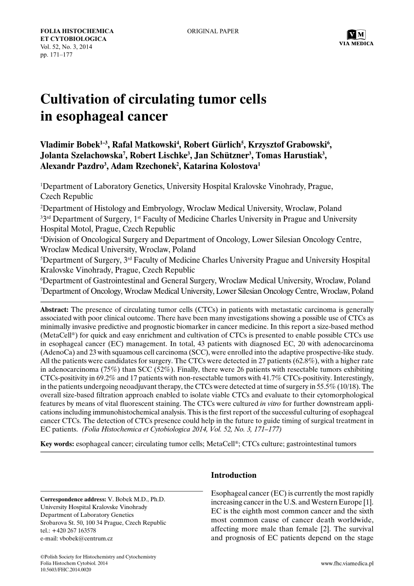 Pdf Cultivation Of Circulating Tumor Cells In Esophageal Cancer