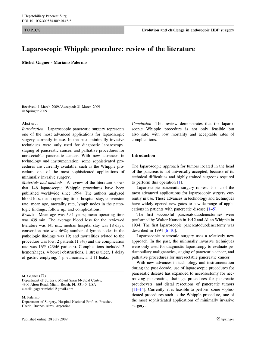 Pdf Laparoscopic Whipple Procedure Review Of The Literature