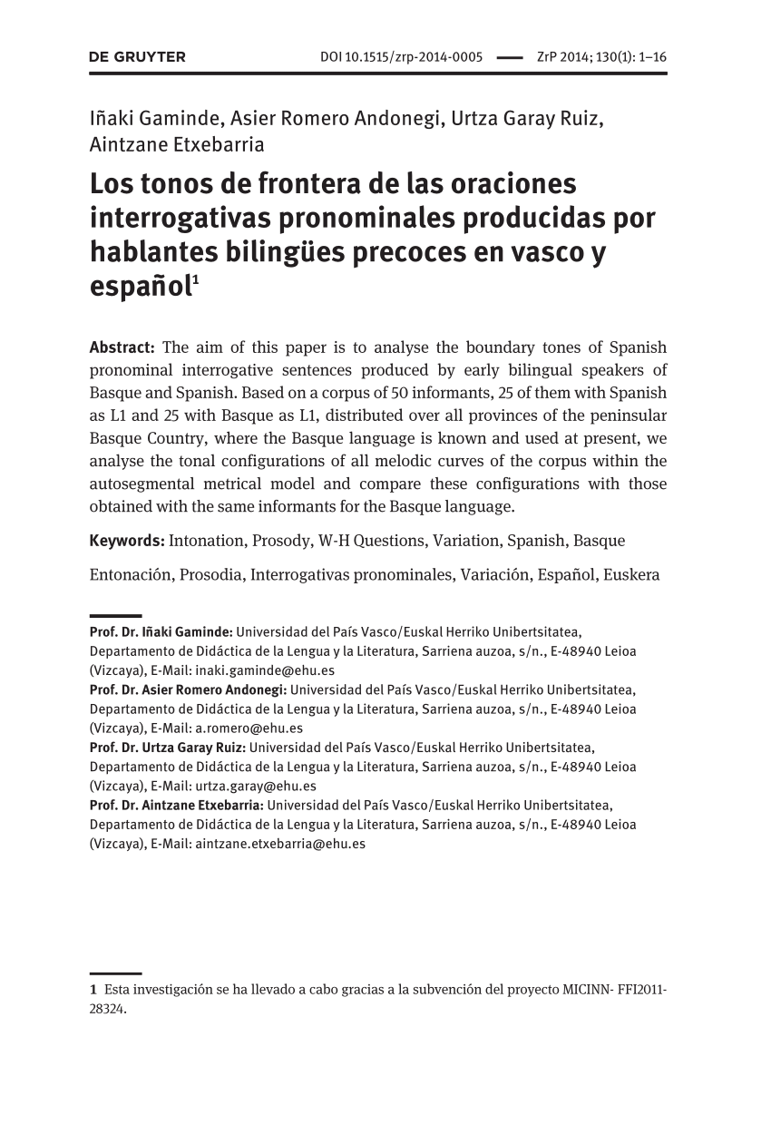 Pdf Los Tonos De Frontera De Las Oraciones Interrogativas Pronominales Producidas Por Hablantes Bilingues Precoces En Vasco Y Espanol