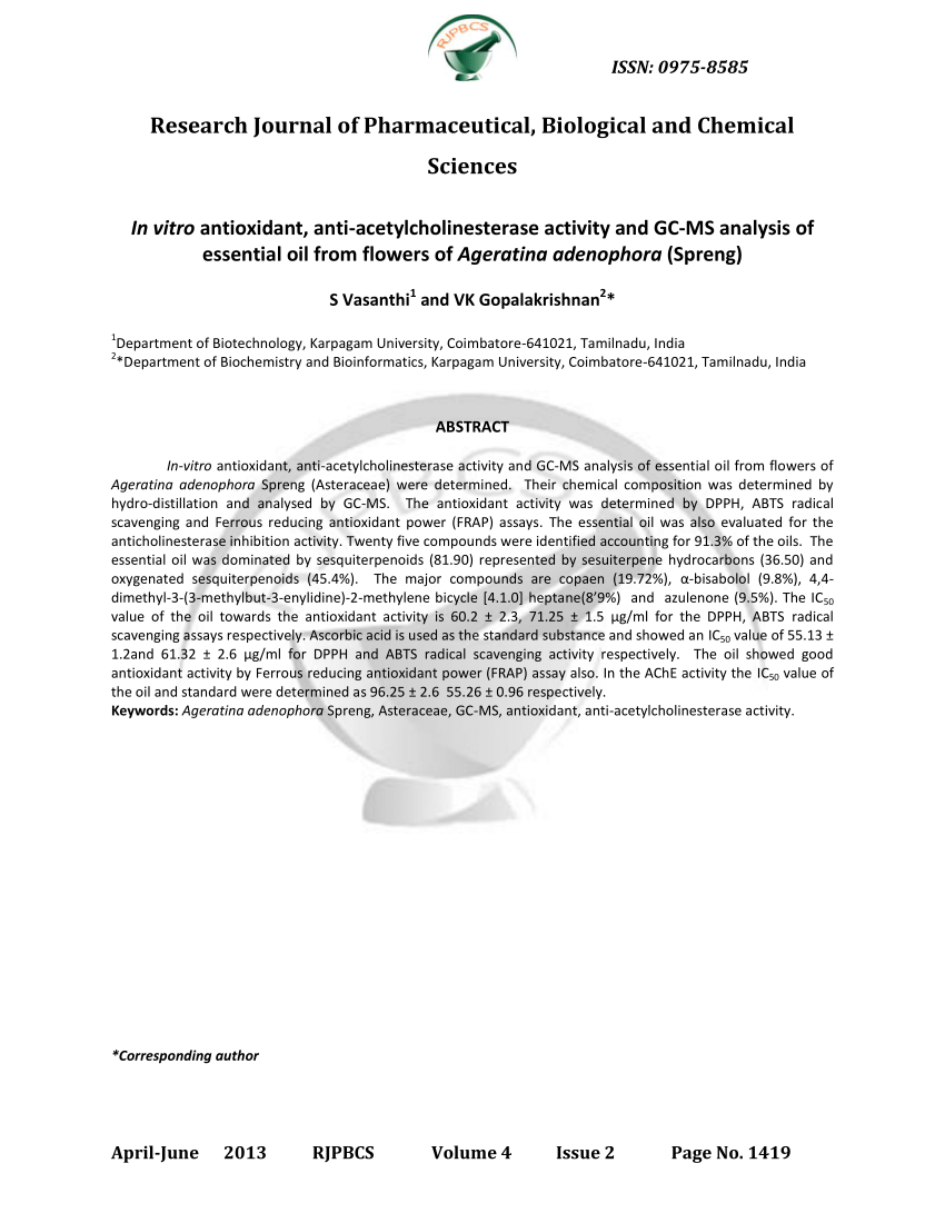 PDF) A Study of the Essential Oil Isolated from Ageratina dendroides  (Spreng.) R.M. King & H. Rob.: Chemical Composition, Enantiomeric  Distribution, and Antimicrobial, Antioxidant, and Anticholinesterase  Activities