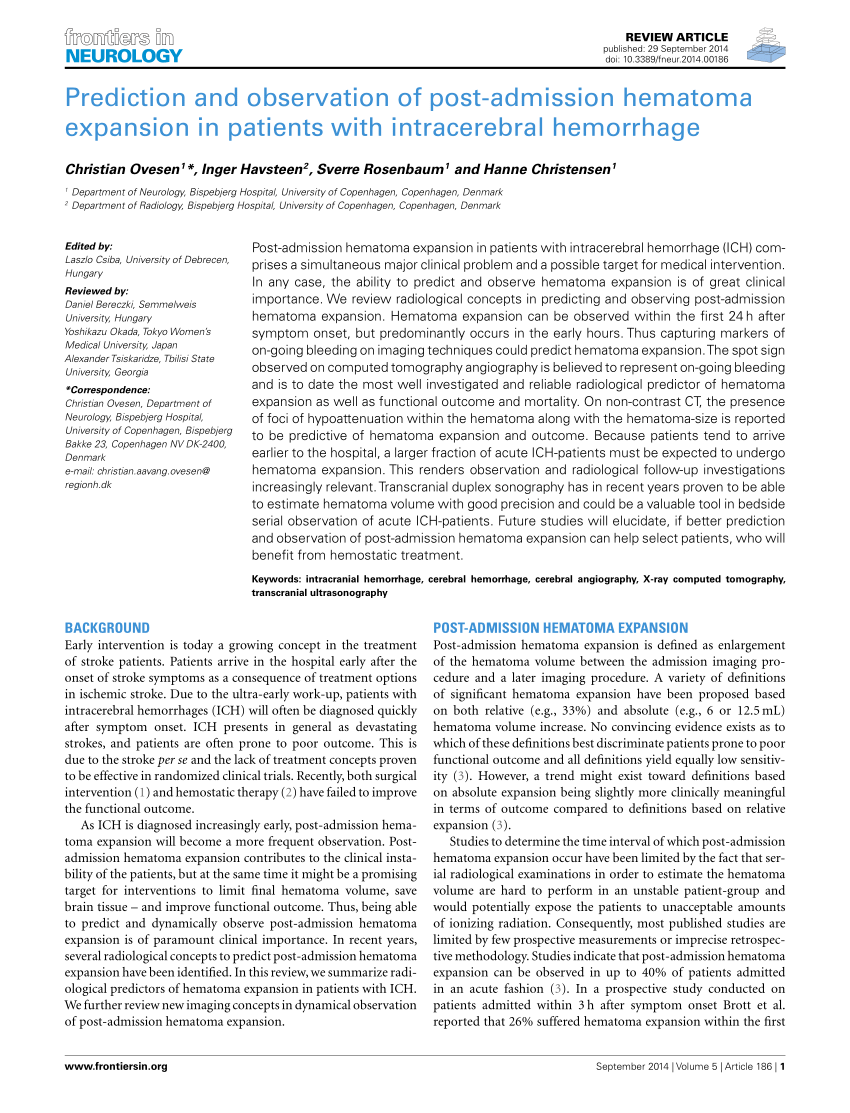 Pdf Prediction And Observation Of Post Admission Hematoma Expansion In Patients With