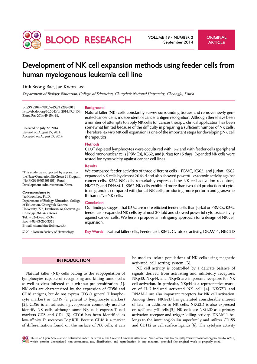Pdf Development Of Nk Cell Expansion Methods Using Feeder Cells From Human Myelogenous Leukemia Cell Line