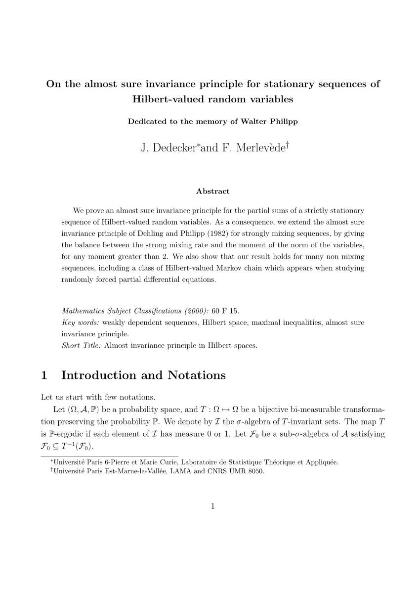 Pdf On The Almost Sure Invariance Principle For Stationary Sequences Of Hilbert Valued Random Variables