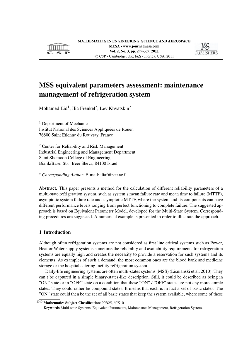 Pdf) Mss Equivalent Parameters Assessment: Maintenance Management Of  Refrigeration System