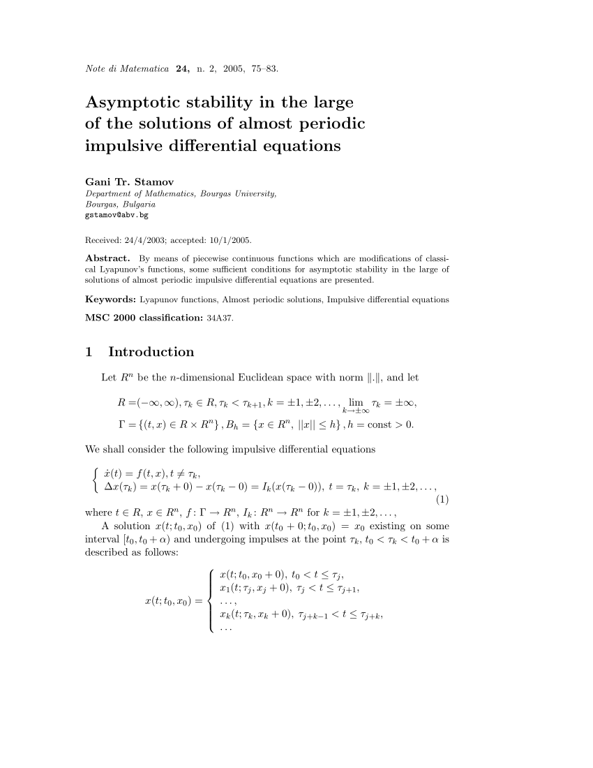 Pdf Asymptotic Stability In The Large Of Solutions Of Almost Periodic Impulsive Differential Equations