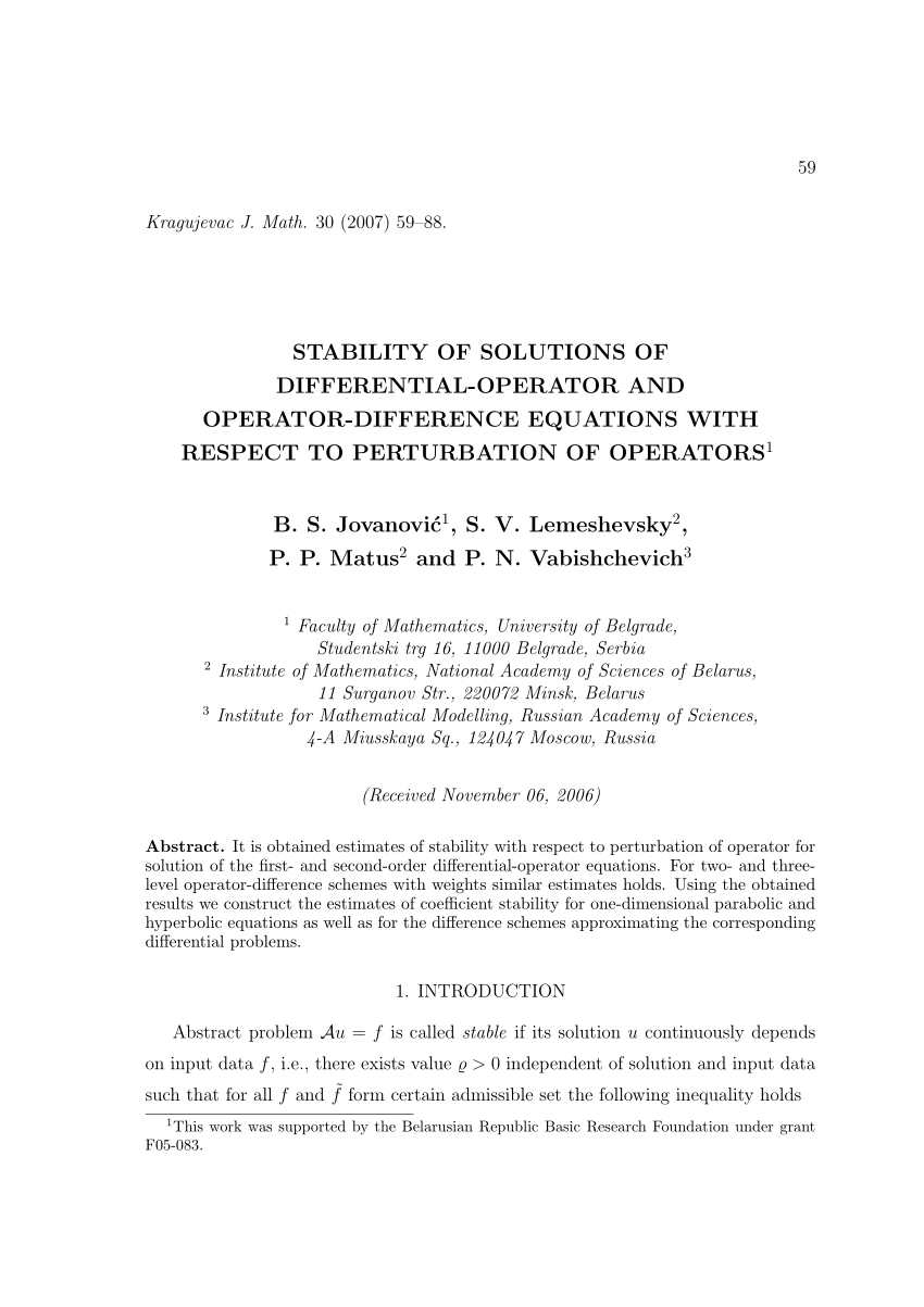 Pdf Stability Of Solutions Of Differential Operator And Operator Difference Equations With Respect To Perturbation Of Operators
