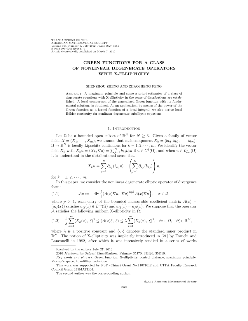 Pdf Green Functions For A Class Of Nonlinear Degenerate Operators With X Ellipticity