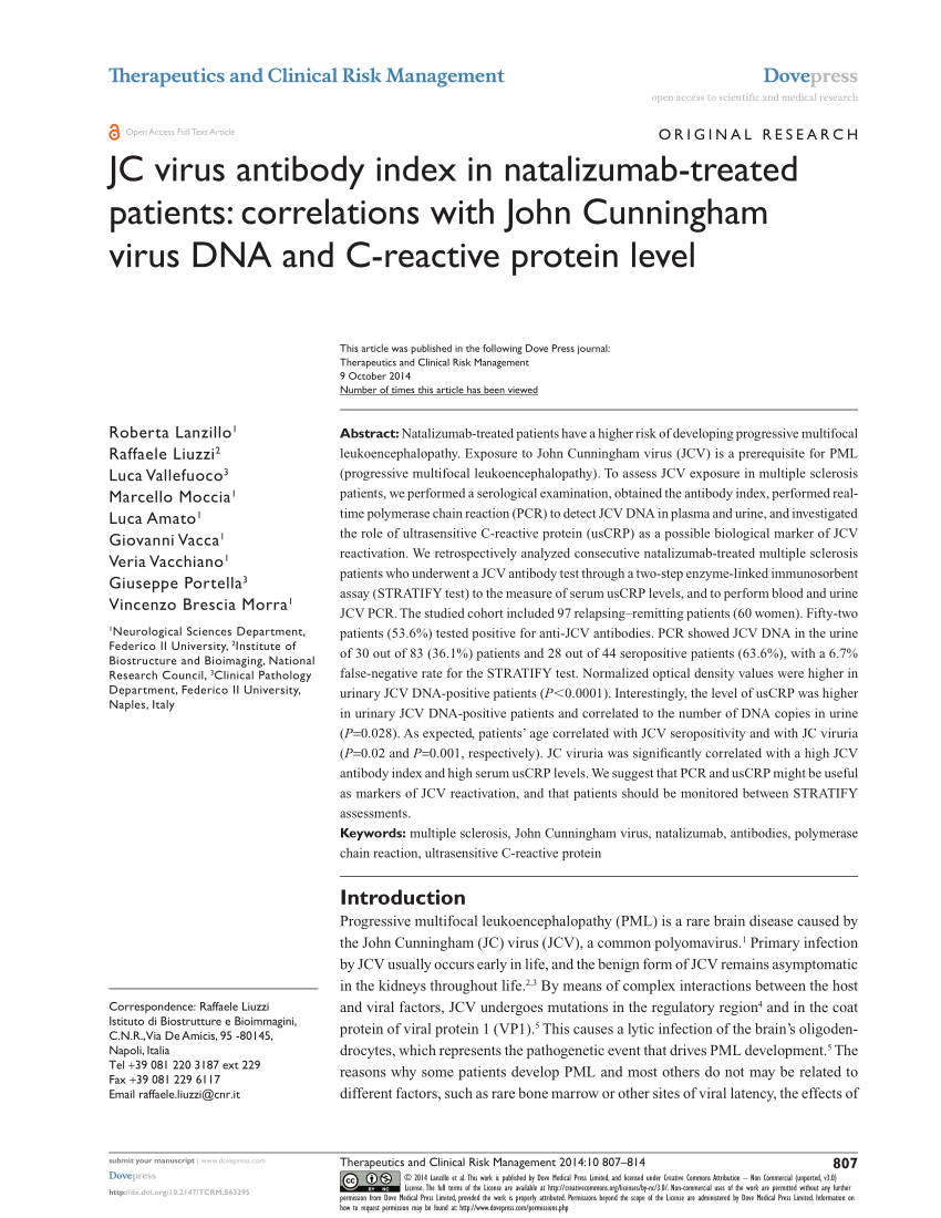 Pdf Jc Virus Antibody Index In Natalizumab Treated Patients Correlations With John Cunningham Virus Dna And C Reactive Protein Level