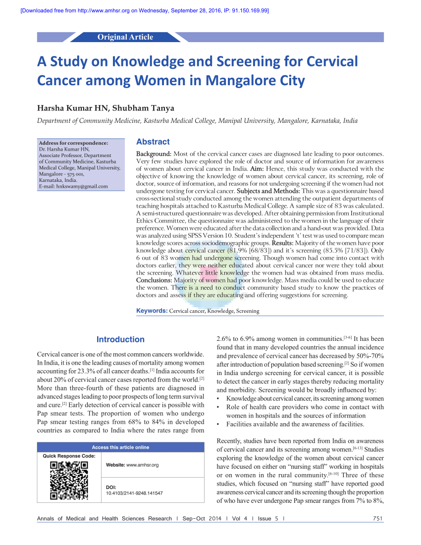 PDF) A Study on Knowledge and Screening for Cervical Cancer among