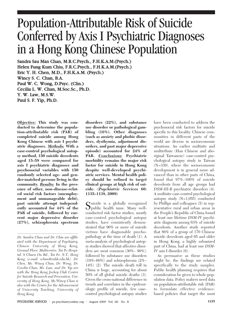 Pdf Population Attributable Risk Of Suicide Conferred By Axis I Psychiatric Diagnoses In A Hong Kong Chinese Population